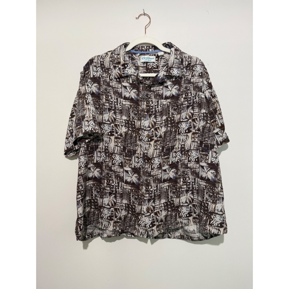 Caribbean Silk Blend Brown Tropical Palm Tree Print Button Down Shirt XL